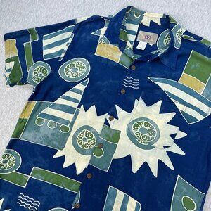 Vintage Territory Ahead Shirt Mens XL Blue Rayon Batik Abstract Hawaiian 90s Y2K
